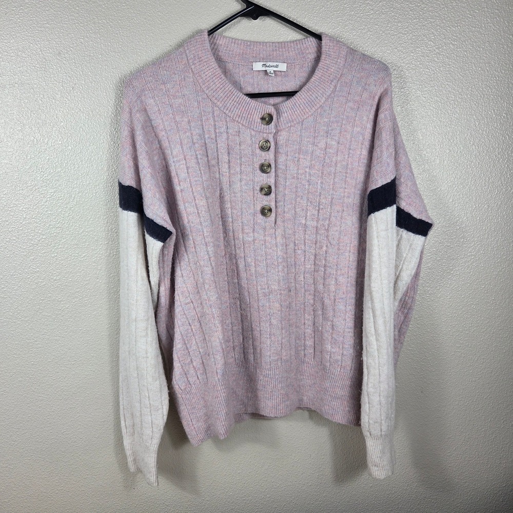 Madewell Ribbed Henley Sweater Women's M Merino Wool Alpaca Colorblock Pink
